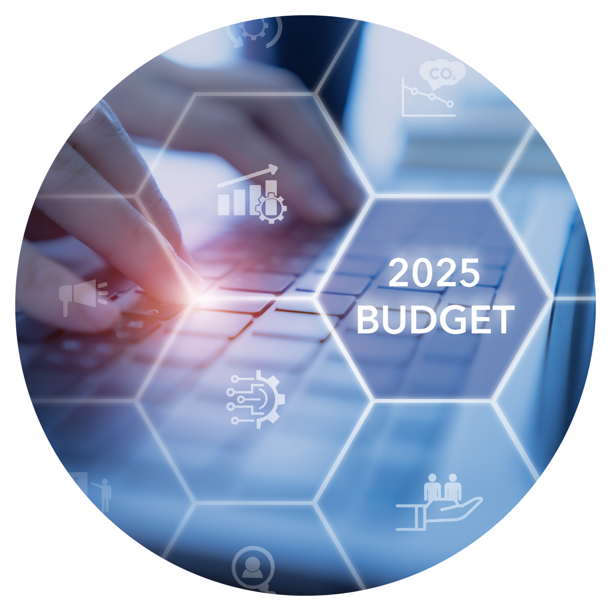 Person typing with an overlay graphic with the words "2025 Budget".